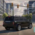 "A realistic 3D driving simulation game screen set in an urban environment. The camera is positioned behind a black SUV, showing a rear and side view of the vehicle as it waits at a traffic light. The scene features tall modern buildings with glass windows, balconies, and detailed facades. In the background, a clear sky with light clouds is visible, along with traffic lights hanging from poles. The traffic light shows a yellow signal, while a pedestrian light below shows a red 'stop' symbol. On the left side of the screen, a circular speedometer gauge is displayed, with a light blue border. The needle points to 1, and the speed is indicated as '0 KM/H.' A large, semi-transparent steering wheel icon is placed at the bottom-left corner, representing the control input for steering. On the right side, two semi-transparent icons represent car pedals: one for acceleration (depicted by a gas pedal icon) and the other for braking (depicted by a brake pedal icon). The environment includes trees, fences, and shadows on the pavement, adding to the realistic urban atmosphere. The buildings in the distance have modern architectural designs, with some featuring unique curved blue accents."