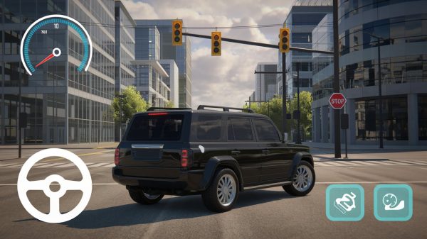 "A realistic 3D driving simulation game screen set in an urban environment. The camera is positioned behind a black SUV, showing a rear and side view of the vehicle as it waits at a traffic light. The scene features tall modern buildings with glass windows, balconies, and detailed facades. In the background, a clear sky with light clouds is visible, along with traffic lights hanging from poles. The traffic light shows a yellow signal, while a pedestrian light below shows a red 'stop' symbol. On the left side of the screen, a circular speedometer gauge is displayed, with a light blue border. The needle points to 1, and the speed is indicated as '0 KM/H.' A large, semi-transparent steering wheel icon is placed at the bottom-left corner, representing the control input for steering. On the right side, two semi-transparent icons represent car pedals: one for acceleration (depicted by a gas pedal icon) and the other for braking (depicted by a brake pedal icon). The environment includes trees, fences, and shadows on the pavement, adding to the realistic urban atmosphere. The buildings in the distance have modern architectural designs, with some featuring unique curved blue accents."